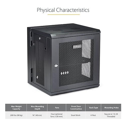 StarTech.com 4-Post 12U Wall Mount Network Cabinet w/ 1U Shelf, 19 Wall-Mounted Server Rack for IT / Data Computer Equipment 25.10/637.54mmx23.60/599.44mmx21.70/551.18mm Cabinet
