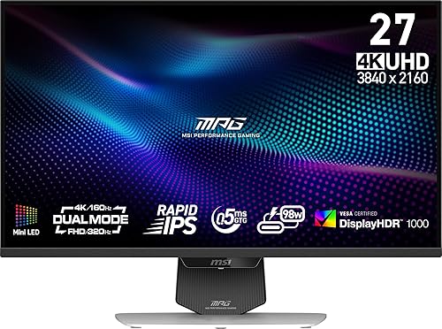 MSI MPG 274URDFW E16M 27-inch 3840 x 2160 (UHD) Gaming Monitor, 160Hz, AMD Adaptive Sync, HDR Ready, HDMI, VGA Port, VESA Mountable, Tilt, 4-Side Slim Bezel, 0.5ms, White