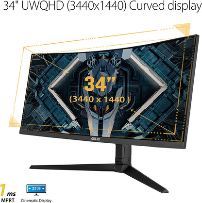 ASUS TUF Gaming VG34VQL1B 34” Curved HDR Monitor, WQHD (3440x1440), 165Hz, 1ms, Extreme Low Motion Blur, FreeSync Premium, Eye Care, DisplayPort HDMI USB, Height Adjustable, DisplayHDR 400, Black
