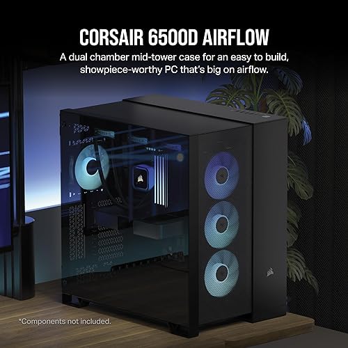 CORSAIR 6500D Airflow Mid-Tower ATX Dual Chamber PC Case – Tempered Glass – Reverse Connection Motherboard Compatible – No Fans Included – Black Airflow Black
