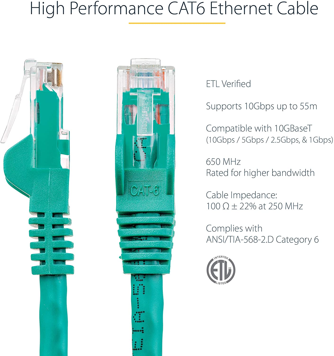 StarTech.com 2ft CAT6 Ethernet Cable - Green CAT 6 Gigabit Ethernet Wire -650MHz 100W PoE++ RJ45 UTP Category 6 Network/Patch Cord Snagless w/Strain Relief Fluke Tested UL/TIA Certified (N6PATCH2GN) Green 2 ft / 0.6 m 1 Pack