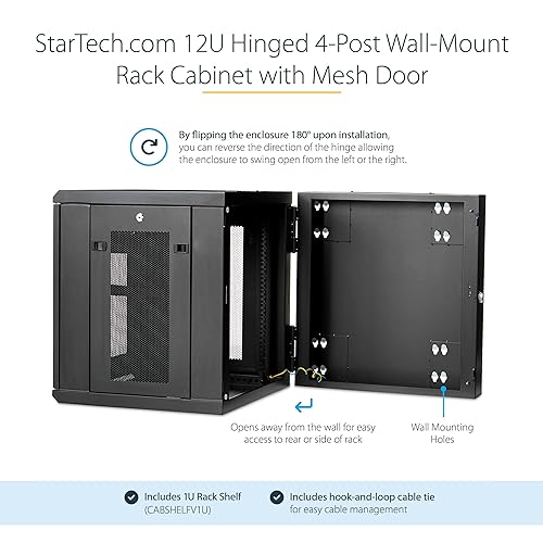 StarTech.com 4-Post 12U Wall Mount Network Cabinet w/ 1U Shelf, 19 Wall-Mounted Server Rack for IT / Data Computer Equipment 12U| 20 Depth Cabinet
