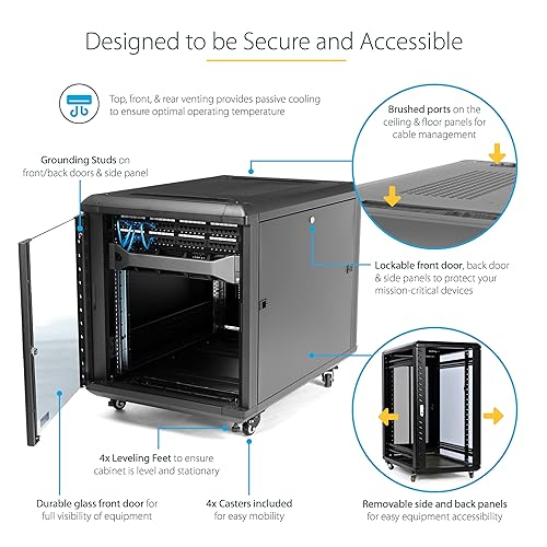 StarTech.com 12U AV Rack Cabinet - Network Rack with Glass Door - 19 inch Computer Cabinet for Server Room or Office (RK1236BKF)