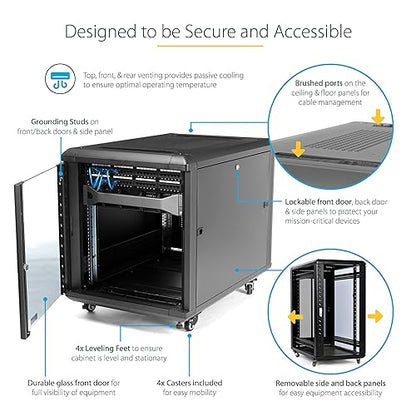 StarTech.com 12U AV Rack Cabinet - Network Rack with Glass Door - 19 inch Computer Cabinet for Server Room or Office (RK1236BKF)