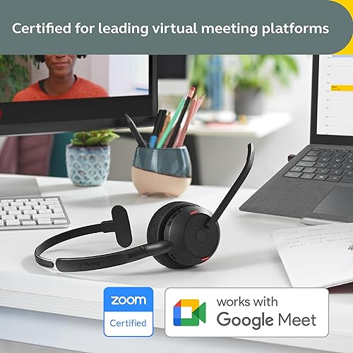 Jabra Evolve2 55 Mono Wireless Headset with Charging Stand - Jabra AirComfort Technology, Noise-Cancelling Mics & Active Noise Cancellation - Works with UC Platforms such as Zoom & Google Meet - Black Mono w/Charging Stand Link380a UC