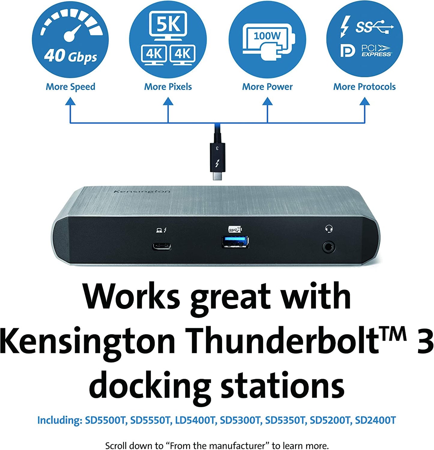 Kensington 0.7M (2.3ft) Thunderbolt 3 Cable – 40Gbps – 100W PD – Certified TB3 – USB-C Compatible (K32300WW)