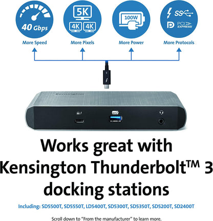 Kensington 0.7M (2.3ft) Thunderbolt 3 Cable – 40Gbps – 100W PD – Certified TB3 – USB-C Compatible (K32300WW)