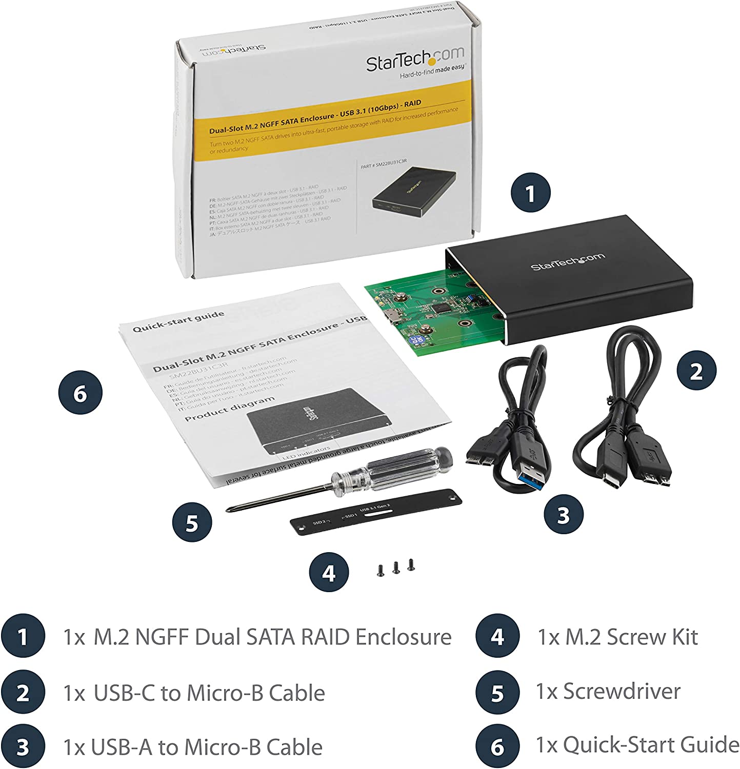 StarTech.com Dual-Slot Hard Drive Enclosure for M.2 SATA SSDs - USB 3.1 (10Gbps) - Aluminum - M.2 to SATA - Raid Drive Enclosure (SM22BU31C3R) USB-A &amp; USB-C Dual M.2 SATA