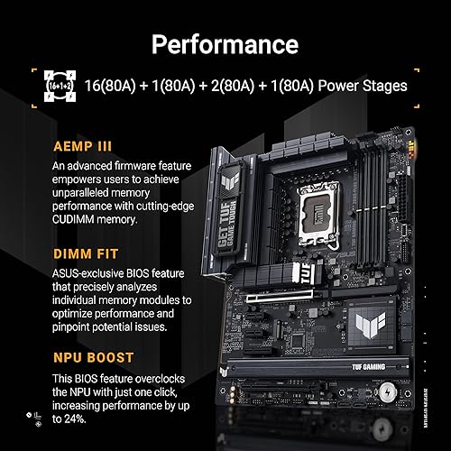 ASUS TUF Gaming Z890-PLUS WiFi Z890 LGA 1851 ATX Motherboard, Intel® Core™ Ultra Series 2 Ready, Advanced AI PC-Ready, 16+1+2+1 Stages, DDR5, PCIe® 5.0, Thunderbolt™ 4 Type-C®, 4X M.2, Wi-Fi 7, 2.5Gb