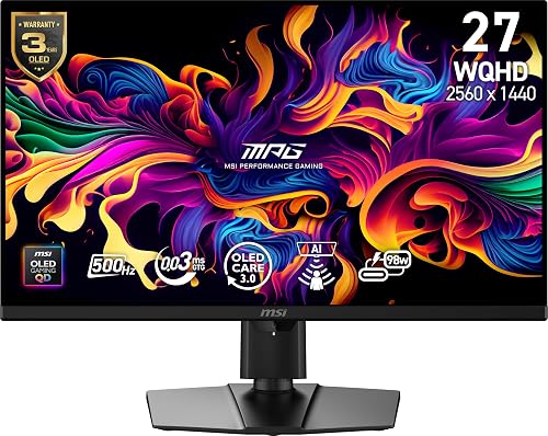 MSI MPG 271QR QD-OLED X50 27-inch 2560 x 1440 (QHD) Gaming Monitor, 500Hz, AMD Adaptive-Sync, HDR Ready, HDMI, VGA Port, VESA Mountable, Tilt, 4-Side Slim Bezel, 0.03ms, Black