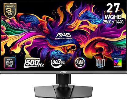 MSI MAG 272QP QD-OLED X50 27-inch 2560 x 1440 (QHD) Gaming Monitor, 500Hz, Adaptive-Synch, HDR Ready, HDMI, VGA Port,VESA Mountable, Tilt, 4-Side Slim Bezel, 0.03ms, White