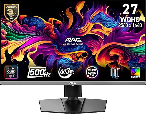 MSI MAG 272QP QD-OLED X50 27-inch 2560 x 1440 (QHD) Gaming Monitor, 500Hz, Adaptive-Synch, HDR Ready, HDMI, VGA Port,VESA Mountable, Tilt, 4-Side Slim Bezel, 0.03ms, White
