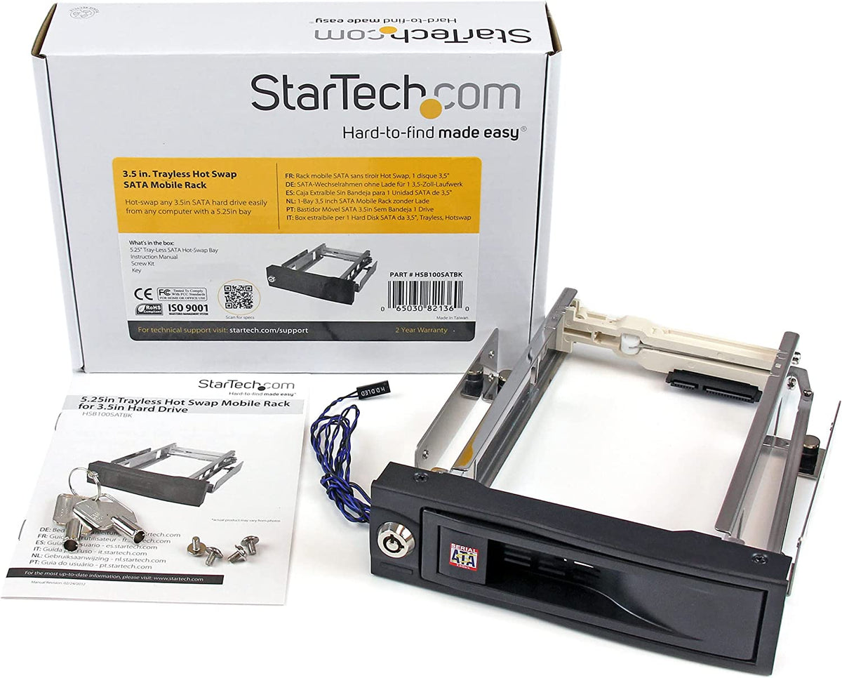 StarTech.com 5.25in Trayless Hot Swap Mobile Rack for 3.5in Hard Drive - Internal SATA Backplane Enclosure - Lockable drive bay (HSB100SATBK) Black Tray-less