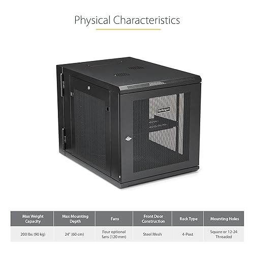 StarTech.com 4-Post 12U Wall Mount Network Cabinet w/ 1U Shelf, 19 Wall-Mounted Server Rack for IT / Data Computer Equipment 12U| 24 Depth Cabinet