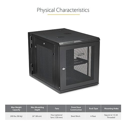 StarTech.com 4-Post 12U Wall Mount Network Cabinet w/ 1U Shelf, 19 Wall-Mounted Server Rack for IT / Data Computer Equipment 12U| 24 Depth Cabinet