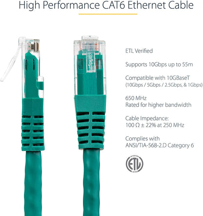 StarTech.com 4ft CAT6 Ethernet Cable - Green CAT 6 Gigabit Ethernet Wire -650MHz 100W PoE++ RJ45 UTP Molded Category 6 Network/Patch Cord w/Strain Relief/Fluke Tested UL/TIA Certified (C6PATCH4GN) Green 4 ft / 1.22 m 1 Pack