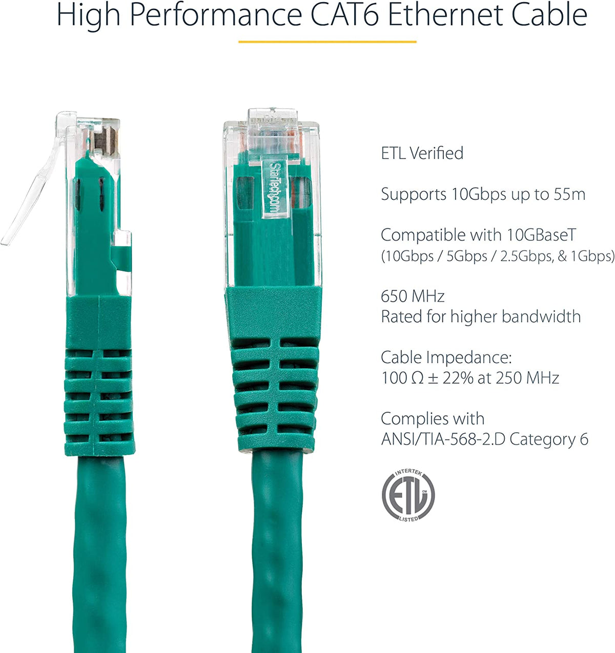 StarTech.com 6ft CAT6 Ethernet Cable - Green CAT 6 Gigabit Ethernet Wire -650MHz 100W PoE++ RJ45 UTP Molded Category 6 Network/Patch Cord w/Strain Relief/Fluke Tested UL/TIA Certified (C6PATCH6GN) Green 6 ft / 1.82 m 1 Pack
