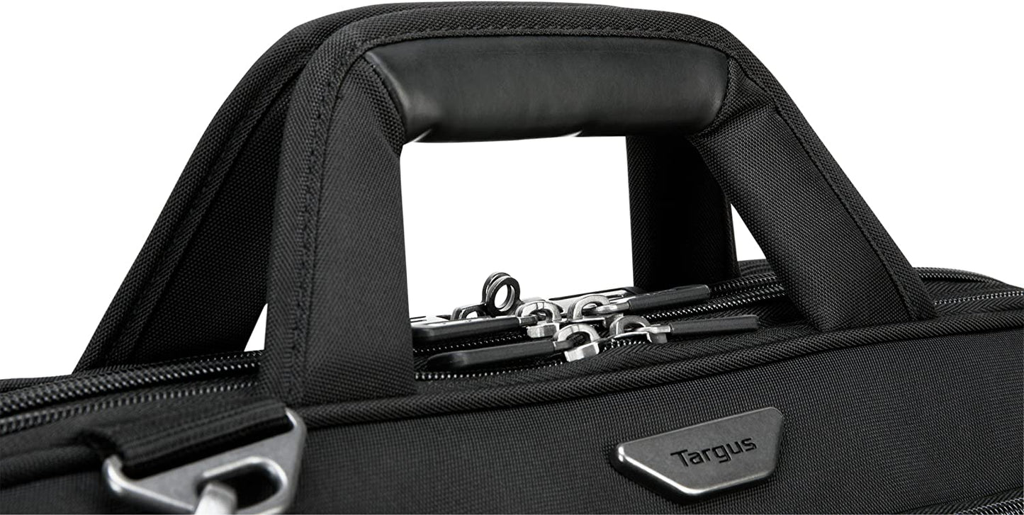 Targus Mobile-VIP Topload Shoulder Bag with Checkpoint-Friendly TSA Screening, Weather Resistant, Dual Main Compartments, Trolley Strap, SafePort Drop Protection for 15.6-Inch Laptop, Black (TBT264)