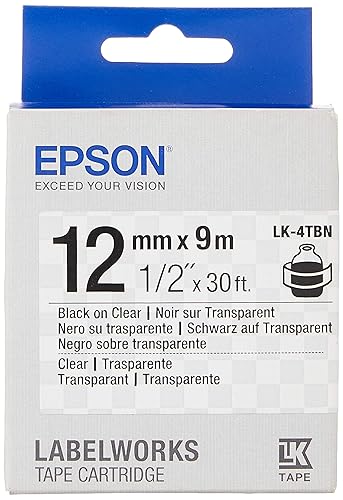 Epson LabelWorks Clear LK (Replaces LC) Tape Cartridge 1/2" Black on Clear (LK-4TBN) - for use with LabelWorks LW-300, LW-400, LW-600P and LW-700 Label Printers
