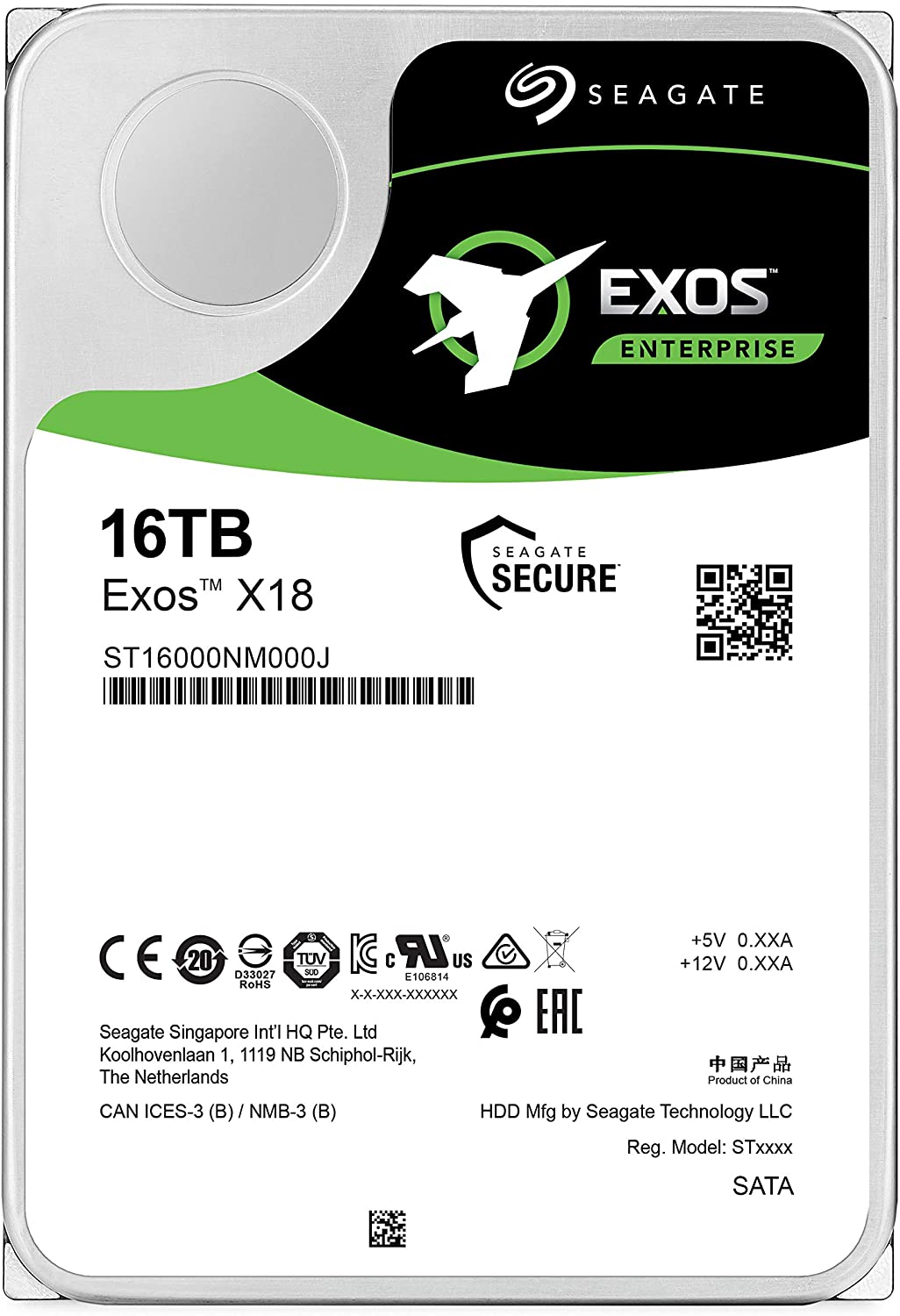 Seagate Exos X18 16TB Enterprise HDD - CMR 3.5 Inch Hyperscale SATA 6Gb/s, 7200 RPM, 512e and 4Kn FastFormat, Low Latency with Enhanced Caching (ST16000NM000J)