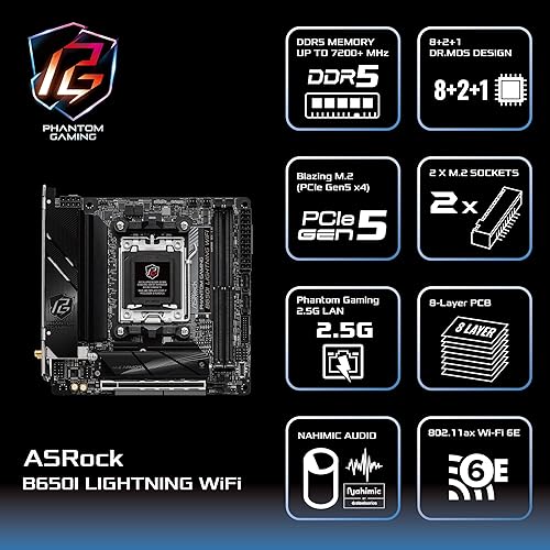 ASRock B650I LIGHTNING WIFI Gaming Desktop Motherboard - AMD B650 Chipset - Socket AM5 - Mini ITX - Ryzen 5, Ryzen 7, Ryzen 9 Processor Supported - 128 GB DDR5 SDRAM Maximum RAM - DIMM, UDIMM - 2 x Memory Slots