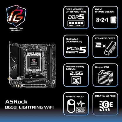 ASRock B650I LIGHTNING WIFI Gaming Desktop Motherboard - AMD B650 Chipset - Socket AM5 - Mini ITX - Ryzen 5, Ryzen 7, Ryzen 9 Processor Supported - 128 GB DDR5 SDRAM Maximum RAM - DIMM, UDIMM - 2 x Memory Slots