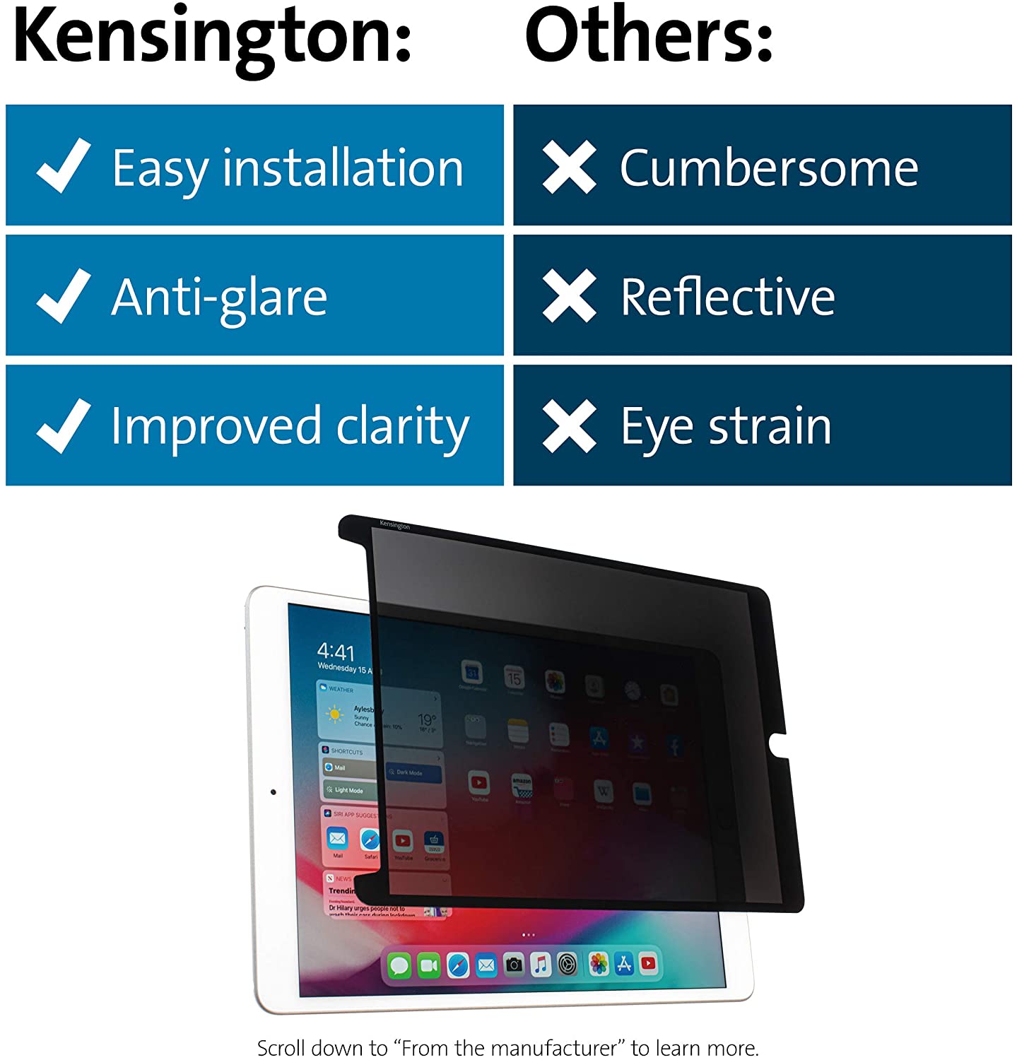 Kensington SA079 Screen Protector Designed for iPad Mini 5 (2019) and iPad Mini 4 7.9-inch, Easy Installation with a Washable &amp; Resuable Adhesive (K50724WW), Black iPad Mini 7.9-inch