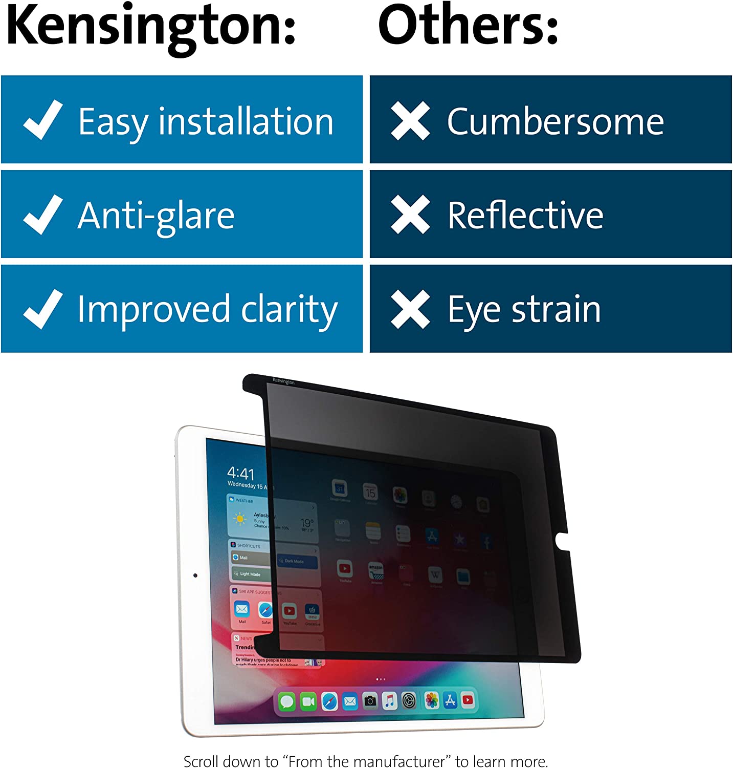 Kensington SA102 Screen Protector Designed for iPad 10.2-inch 2019/2020 (8th &amp; 7th Generation), Easy Installation with a Washable &amp; Resuable Adhesive (K50726WW), Black border iPad 10.2-inch 8th &amp; 7th Generation (2020/2019)