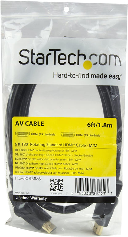 StarTech.com 6ft Swivel HDMI Cable, 4K High Speed Rotating HDMI Cord, 4K 30Hz UHD HDMI, 10.2 Gbps, HDMI 1.4 Video, HDCP 1.4, M/M Pivot Cable with 180° Swivel Connector, HDMI to HDMI Cable (HDMIROTMM6) 6 ft / 2m (180° Rotation)