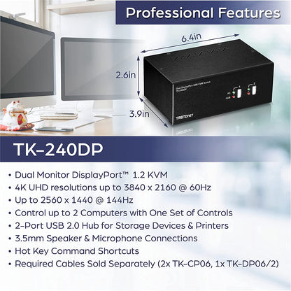 TRENDnet 2-Port Dual Monitor DisplayPort KVM Switch with Audio, 2-Port USB 2.0 Hub, 4K UHD Resolutions Up to 3840 x 2160, Connect Two DisplayPort Monitors, Dual Monitor KVM Switch, Black, TK-240DP