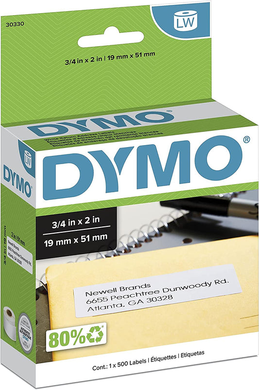 DYMO Authentic LW Return Address Labels for LabelWriter Label Printers, White, 3/4'' x 2'', 1 roll of 500 Return Address Labels 500 labels
