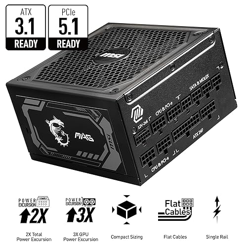 MSI MAG A1250GL PCIE 5 Gaming Power Supply - Full Modular - 80 Plus Gold Certified 1250W - Compact Size - ATX PSU MAG 1250GL PCIE 5 Full Modular 1250W Gold