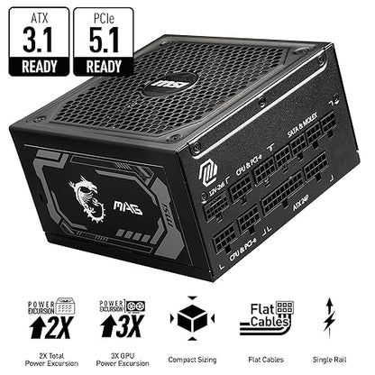MSI MAG A1250GL PCIE 5 Gaming Power Supply - Full Modular - 80 Plus Gold Certified 1250W - Compact Size - ATX PSU MAG 1250GL PCIE 5 Full Modular 1250W Gold