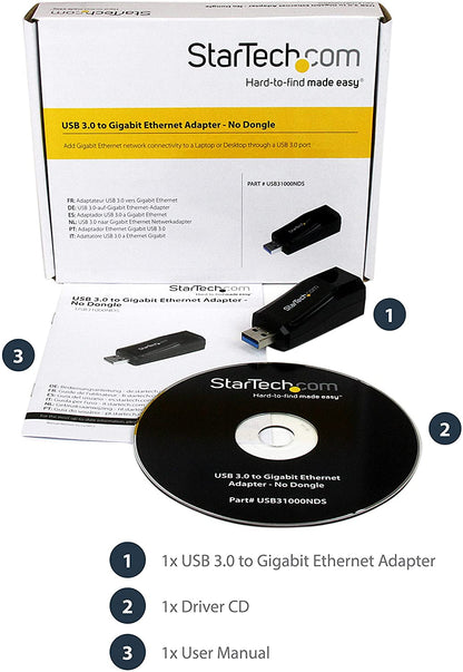 StarTech.com USB 3.0 to Gigabit Ethernet NIC Network Adapter - 10/100/100 Mbps Network Adapter - USB to Ethernet LAN Adapter - USB to RJ45 (USB31000NDS)
