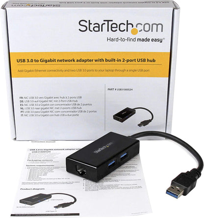 StarTech.com 2 Port USB 3.0 Hub with Ethernet - USB 3.0 x 2 - Gigabit Ethernet Network Adapter for Windows/Mac/Chrome (USB31000S2H) Black 2x USB-A Black