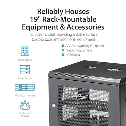 StarTech.com 4-Post 9U Wall Mount Network Cabinet w/ 1U Shelf, 19 Wall-Mounted Server Rack for IT / Data Computer Equipment Depth (2 to 19) Cabinet