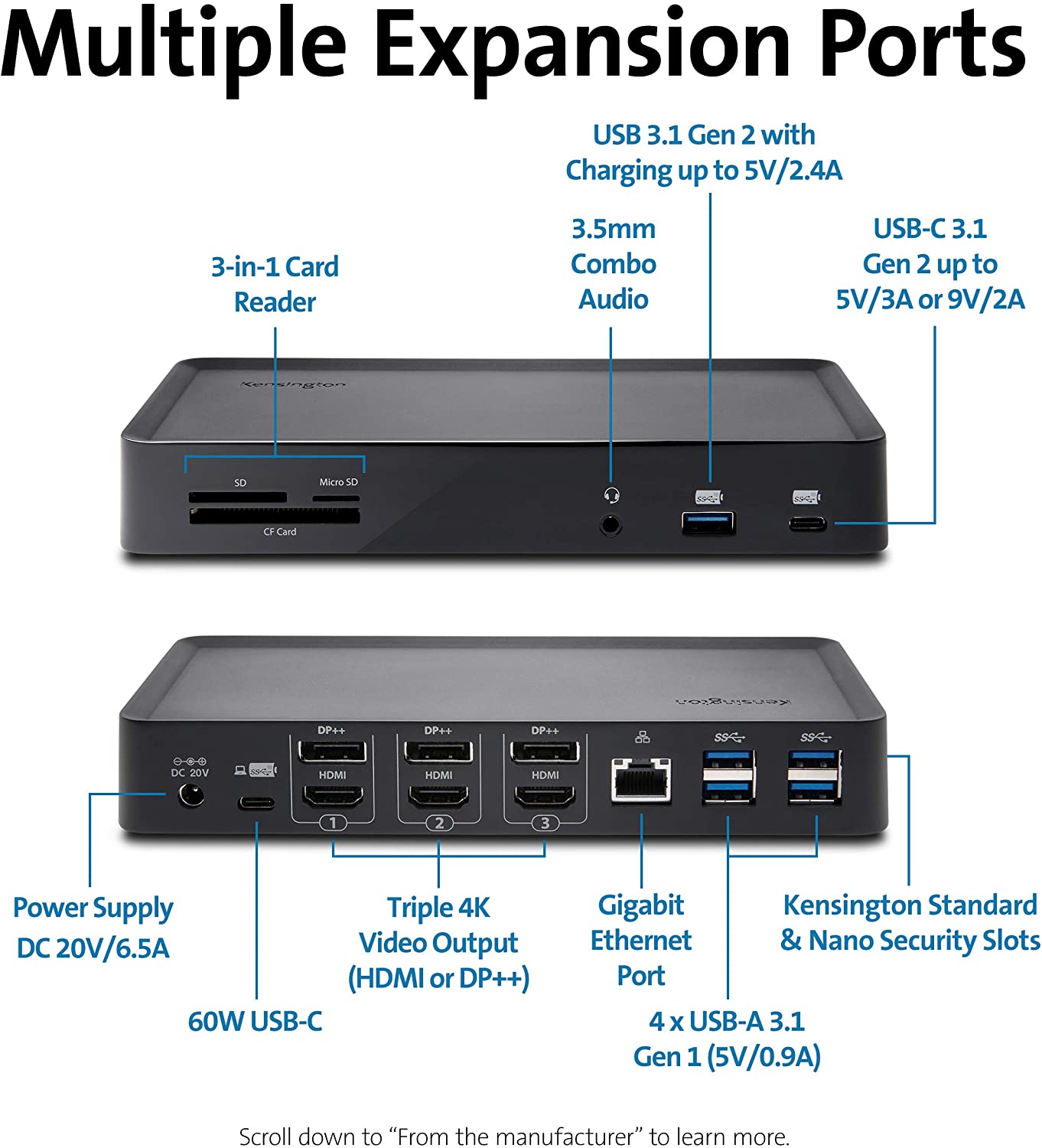 Kensington SD4900P Triple 4k Display Docking Station for Windows, MacBooks and Surface - 60W PD; USB-C, Thunderbolt 3/4 &amp; USB-A (K36800NA)