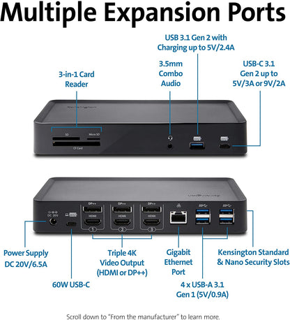 Kensington SD4900P Triple 4k Display Docking Station for Windows, MacBooks and Surface - 60W PD; USB-C, Thunderbolt 3/4 &amp; USB-A (K36800NA)