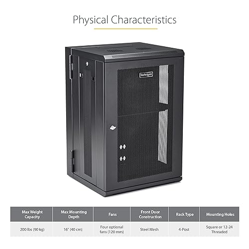 StarTech.com 4-Post 18U Wall Mount Network Cabinet w/ 1U Shelf, 19 Wall-Mounted Server Rack for IT / Data Computer Equipment 35.60/904.24mmx24/609.60mmx21.70/551.18mm Cabinet