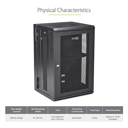 StarTech.com 4-Post 18U Wall Mount Network Cabinet w/ 1U Shelf, 19 Wall-Mounted Server Rack for IT / Data Computer Equipment 35.60/904.24mmx24/609.60mmx21.70/551.18mm Cabinet