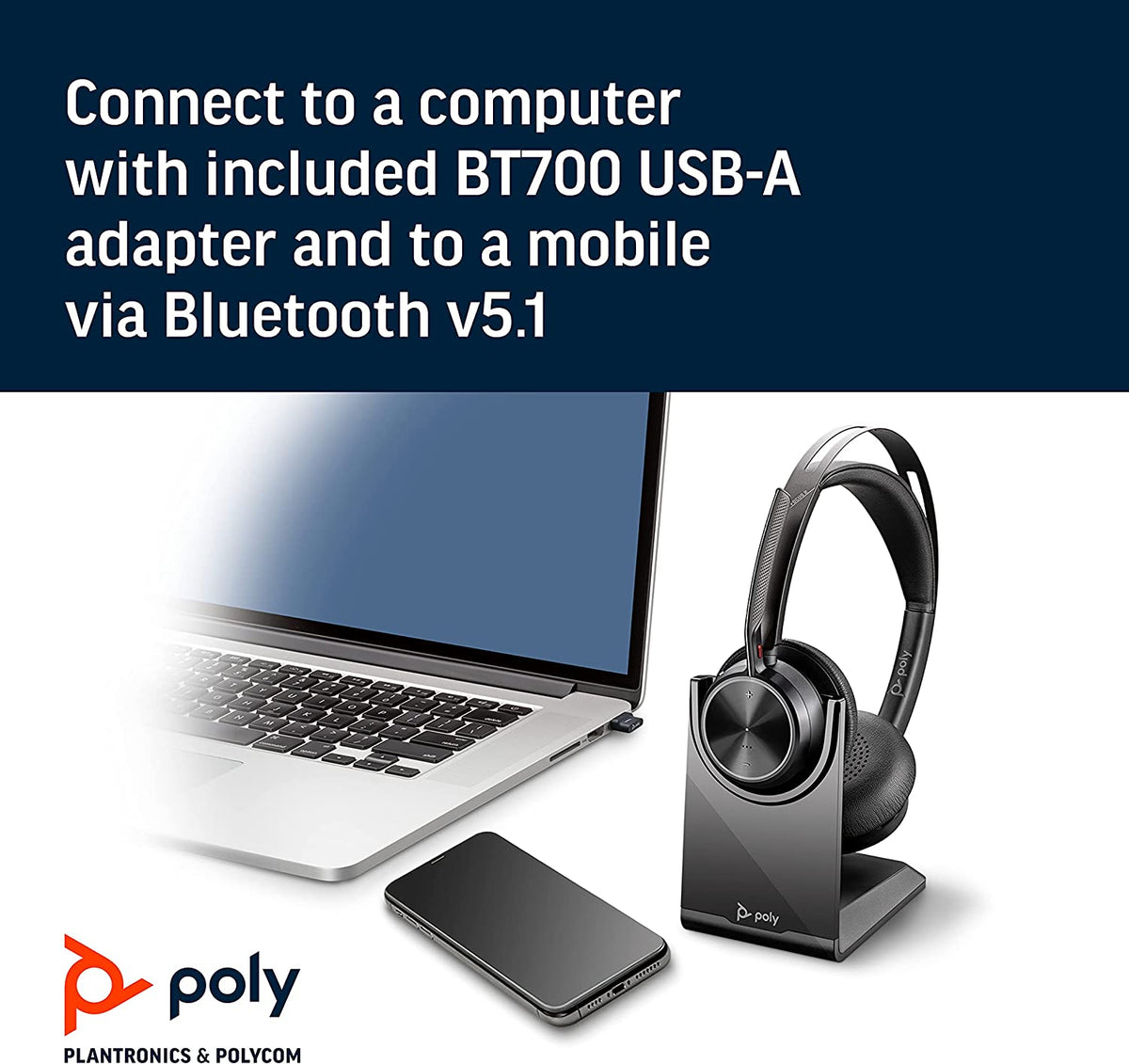 Poly - Voyager Focus 2 UC USB-A Headset with Stand (Plantronics) - Bluetooth (Stereo) Headset with Boom Mic - USB-A PC/Mac Compatible - Active Noise Canceling - Works w/ Teams, Zoom (Certified) &amp; More Headset + Charge Stand