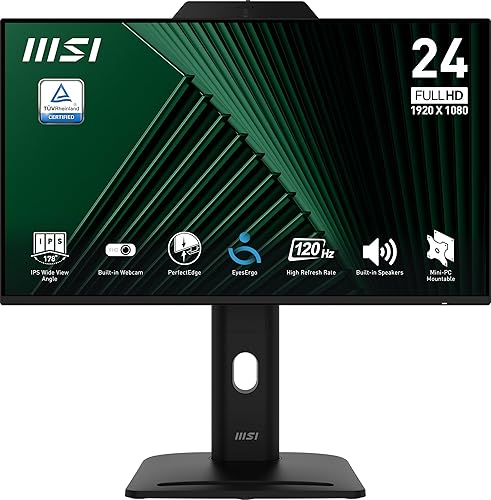 MSI PRO MP242PMG, 24-inch IPS 1920 x 1080 (FHD) Computer Monitor, 120Hz, Webcam, Adaptive-Synch, EPEAT Silver, HDMI, DisplayPort, VGA Port, VESA Mountable, Tilt, Height Adjustable, Speaker, 1ms, Black