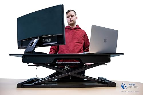 Amer EZriser36 Height Adjustable sit/Stand Desk Computer Riser, Dual Monitor Capable, 37.5" Wide with Keyboard Tray - Black Finish