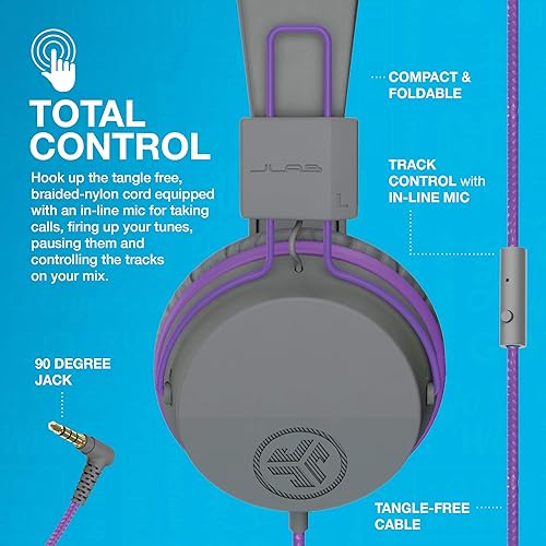 JLab JBuddies Studio On-Ear Kids Wired Headphones, Toddler Headphones, Kid Safe, Studio Volume Safe, Volume Limiter, Folding, Adjustable, Noise Isolation, with Mic (Graphite/Purple) Purple/Gray