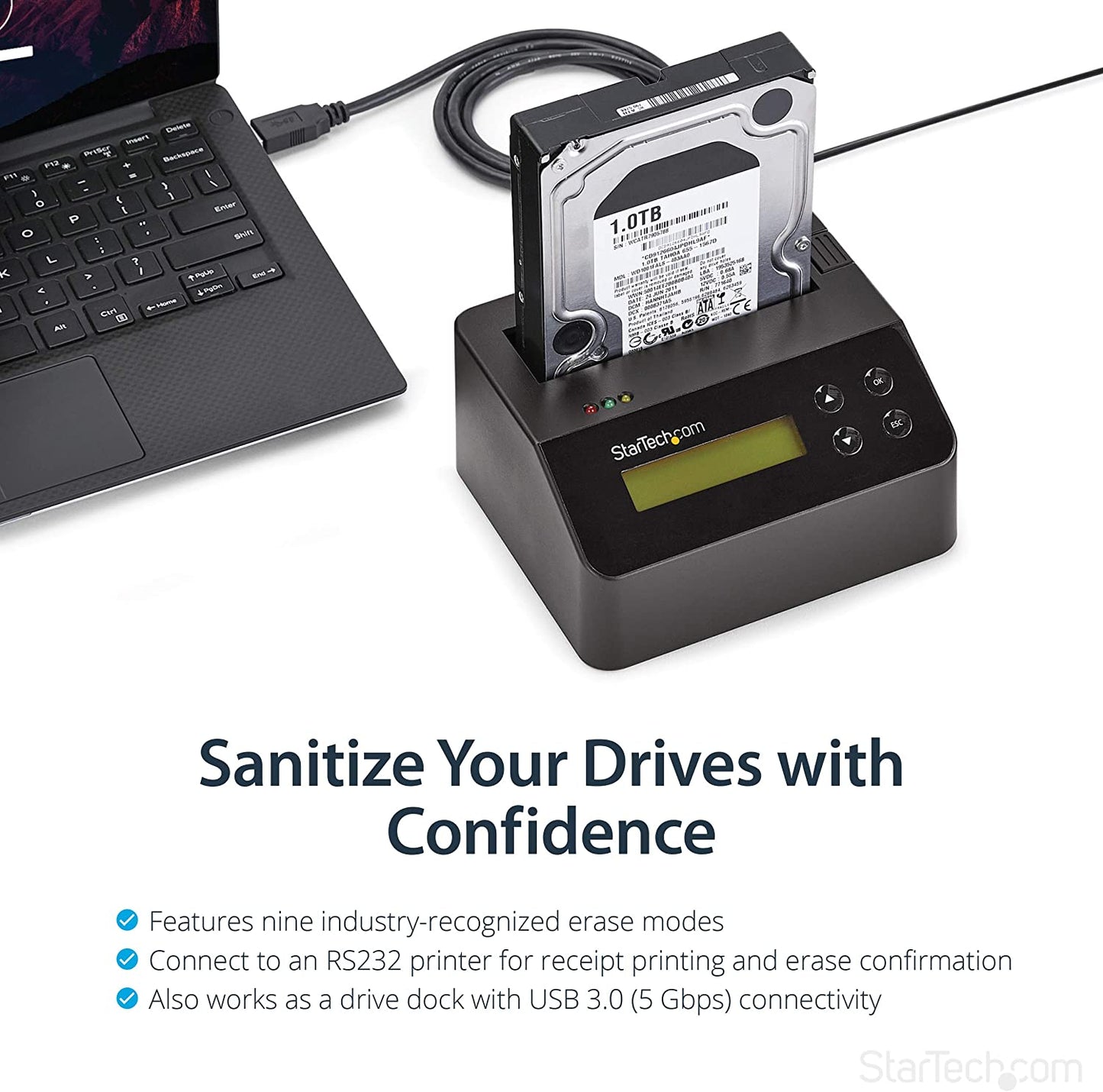 StarTech.com Single Bay Hard Drive Eraser, Standalone HDD/SSD Sanitizer, USB 3.0 to SATA II (3 Gbps), 9 Erase Modes, LCD Display, Secure Erase, Hard Disk Sanitizer, DB-9 Printer Port, TAA (SDOCK1EU3P) No 4kn support
