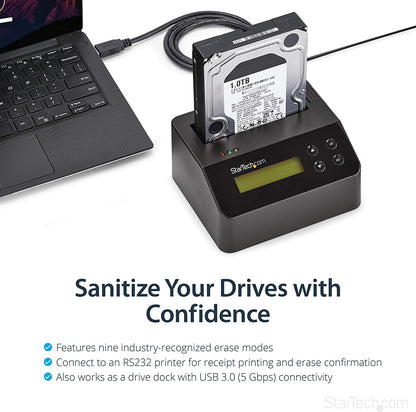 StarTech.com Single Bay Hard Drive Eraser, Standalone HDD/SSD Sanitizer, USB 3.0 to SATA II (3 Gbps), 9 Erase Modes, LCD Display, Secure Erase, Hard Disk Sanitizer, DB-9 Printer Port, TAA (SDOCK1EU3P) No 4kn support