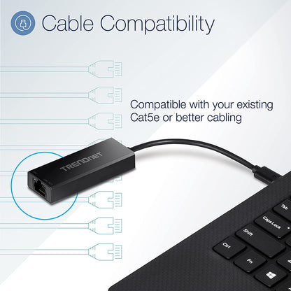 TRENDnet 2.5G USB-C to RJ-45 Ethernet Adapter, 2-in-1 Adapter Compatible with USB C/Thunderbolt 3 or USB 3.1, Windows and Mac Compatible, USB-C to USB-A Adapter Included, Black, TUC-ET2G USB-C 2.5 Gbps