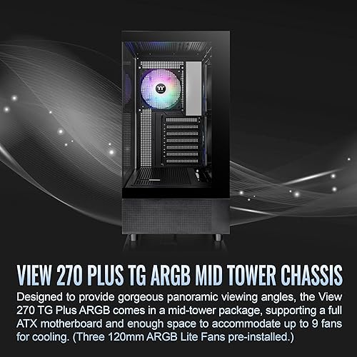 Thermaltake View 270 Plus TG ARGB Black Mid Tower E-ATX Case; 3x120mm ARGB Fans Included; Support Up to 360mm Radiator; Front & Side Dual Tempered Glass Panel; CA-1Y7-00M1WN-01; 3 Year Warranty
