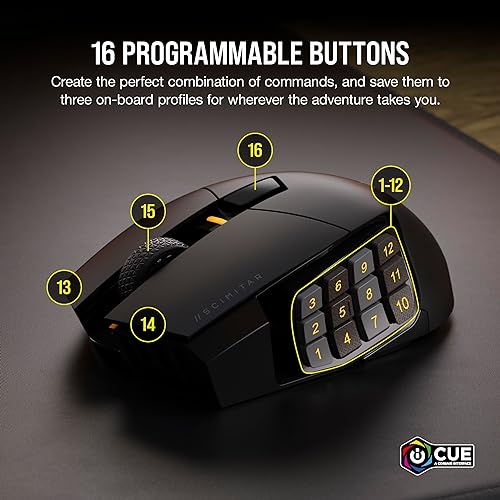 Corsair Scimitar Elite RGB Wireless MMO Gaming Mouse - 26,000 DPI - 16 Programmable Buttons - Up to 150hrs Battery - iCUE Compatible - Black