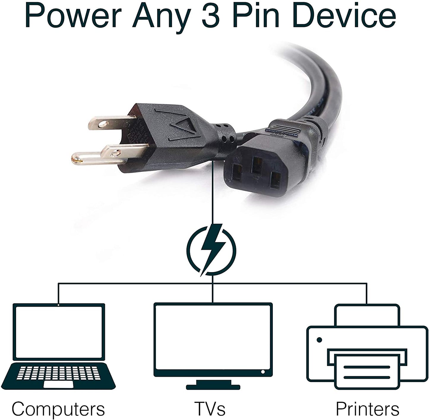 C2g/ cables to go C2G Power Cord, Replacement Power Cable, 3 Pin Connector, Universal Power Cord, 5-15P to C13, 18 AWG, Black, 3 Feet (4.57 Meters), Cables to Go 03129 3 Feet Universal Cord